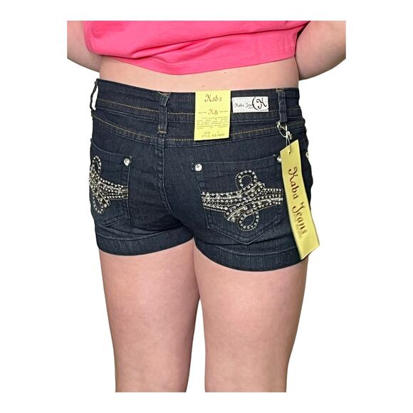 NEW Kaba JEAN SHORTS SZ 7 Dark Blue Denim Stone Stud Bedazzled Double Lasso NWT - Picture 8 of 12